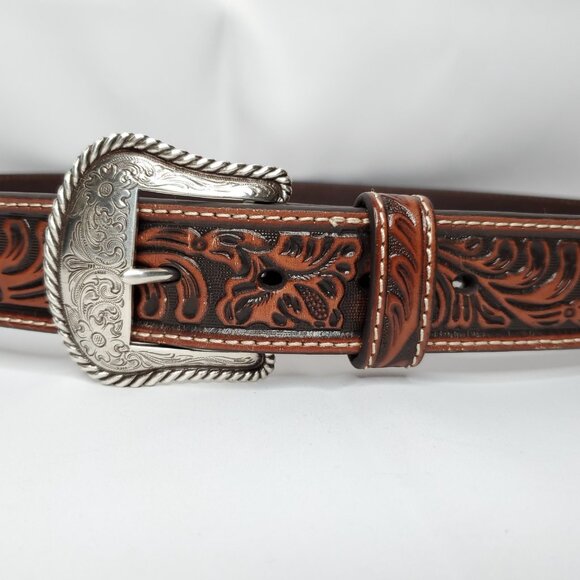 Mens Nacona Leather Belt Sz 40 Brown Silver Western Floral Embossed 1 1/2" - Picture 1 of 6